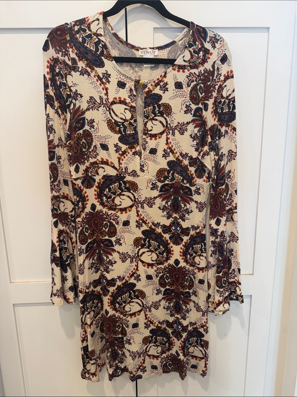 VENUS Cream Paisley-Print Long Sleeve Tunic Dress with Navy and Burgundy